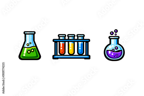 A set of three colorful laboratory glassware icons featuring an Erlenmeyer flask, test tubes in a rack, and a round-bottom flask with bubbling liquids on a black background.