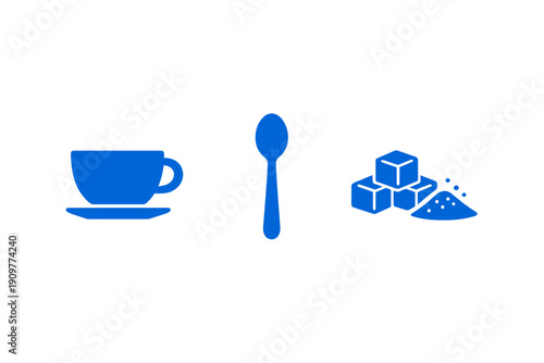 A blue icon set featuring a coffee cup on a saucer, a vertical spoon, and sugar cubes alongside a pile of granulated sugar, all presented as flat silhouettes against a solid black background.