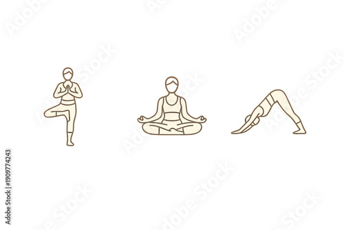 Minimalist line art icons depicting a person in three different yoga positions: tree pose, seated meditation, and downward-facing dog, presented in a clean and simple style.