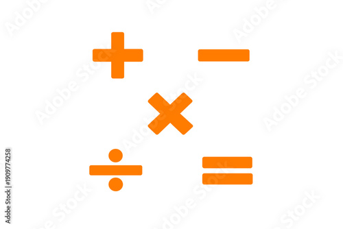 Five orange mathematical symbols including addition, subtraction, multiplication, division, and equals signs are arranged on a solid black background in a minimalist graphic style.