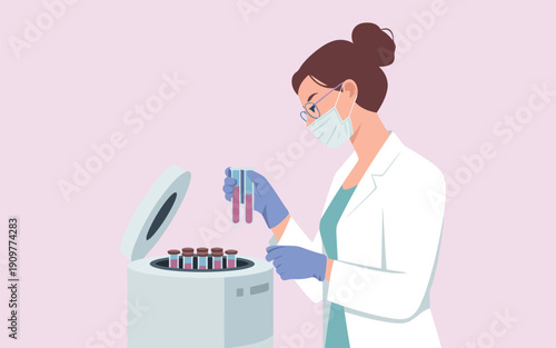 Female scientist wearing a mask and gloves prepares test tubes for a laboratory centrifuge experiment
