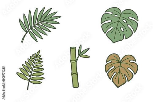 A collection of five tropical plant stickers featuring green palm leaves, monstera deliciosa foliage, and a bamboo stalk, all with white borders against a solid black background.