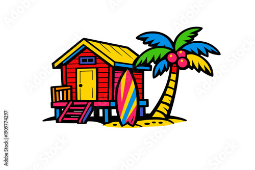 A vibrant cartoon illustration of a colorful beach hut on stilts next to a striped surfboard and a palm tree with pink coconuts, set against a solid black background.