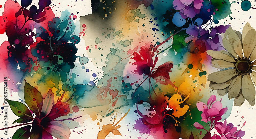 custom made wallpaper toronto digitalAbstract Watercolor Floral Background with Vibrant Splatter Paint and Botanical Shapes