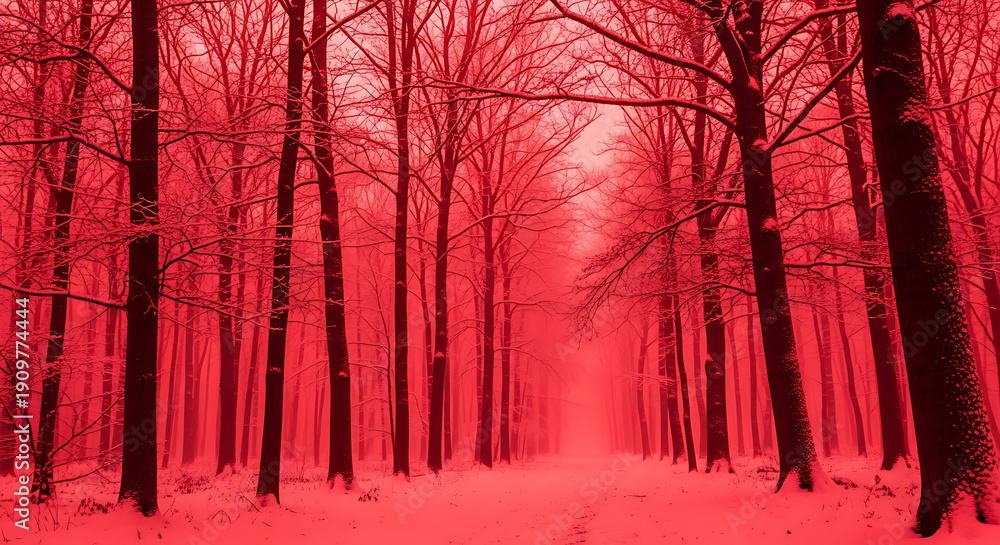 custom made wallpaper toronto digitalEerie Red Forest with Snow Covered Trees and Thick Foggy Atmosphere in Winter