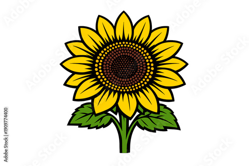 A stylized illustration of a single sunflower with bright yellow petals and a brown center, featuring a green stem and leaves against a solid black background.