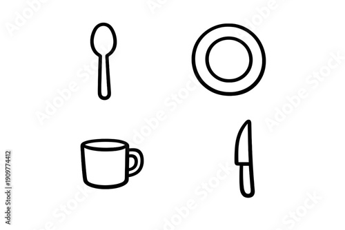 A collection of four white line art icons representing common kitchenware items including a spoon, a plate, a mug, and a knife, all set against a solid black background.