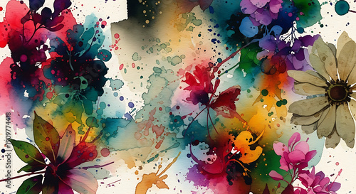 Wallpaper Mural Abstract Watercolor Floral Background with Vibrant Splatter Paint and Botanical Shapes Torontodigital.ca