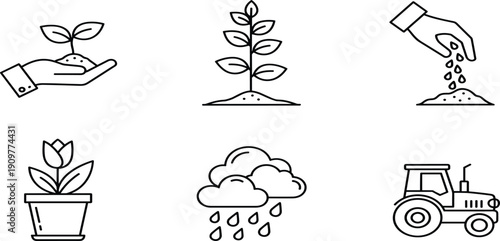 Set of Agriculture and Gardening Icons Featuring Hand Planting Seedling, Growing Plant, Sowing Seeds, Potted Flower, Rain Clouds and Farm TractorSet of Agriculture and 