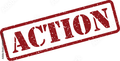 A strong red rubber stamp with distressed edges showcasing the important word ACTION on a clear white canvas