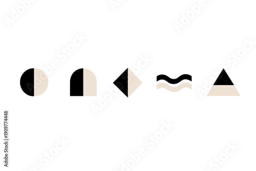 A minimalist graphic design featuring five geometric shapes including a circle, arch, diamond, waves, and triangle, each split into black and beige colors on a dark background.