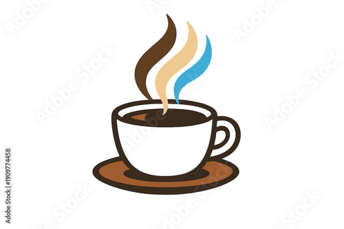 This stylized graphic features a dark coffee mug on a saucer with three wavy lines representing steam in brown, cream, and blue colors, set against a solid black backdrop.