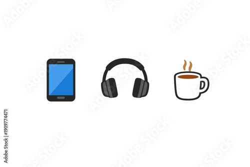 A flat illustration featuring a smartphone with a blue screen, a pair of grey headphones, and a black mug of steaming hot coffee, all arranged horizontally on a solid black background.