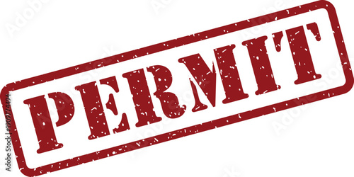 A textured red rectangular rubber stamp displays the word PERMIT diagonally on a clean white surface