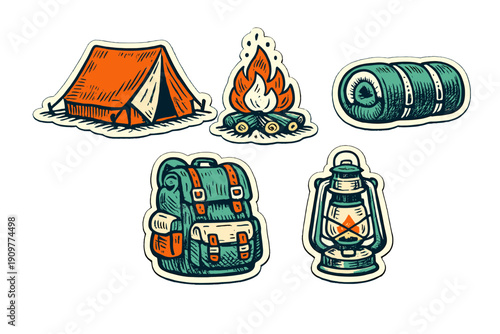 A collection of vintage-style camping illustrations featuring an orange tent, a campfire, a rolled-up sleeping bag, a green backpack, and a classic lantern on a black background.