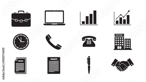 A collection of business icons representing various aspects of corporate culture and technology viewed from a straightforward perspective