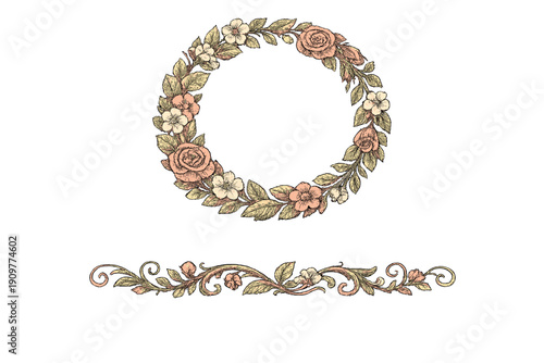 This vintage illustration features a hand-drawn floral wreath and a matching decorative border with roses and leaves in soft pink and cream colors on a black background.