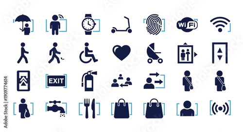 Collection of simple blue icons representing various travel and hospitality services.
