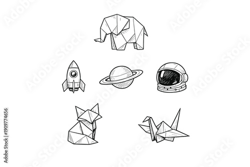 A collection of hand-drawn white line art icons on a black background featuring an origami elephant, fox, and crane alongside a rocket ship, a ringed planet, and an astronaut helmet.