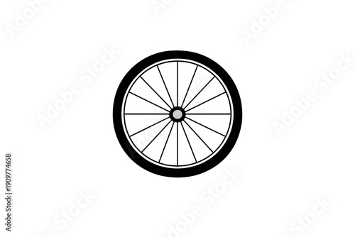 A minimalist black and white illustration of a wheel with spokes radiating from a central hub against a dark background. The design features a thick outer rim and fine lines.