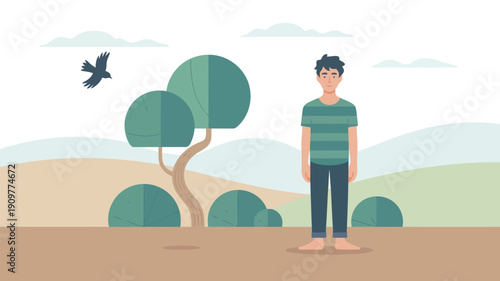 Gentle young man stands barefoot with a subtle smile in a quiet green outdoor natural environment