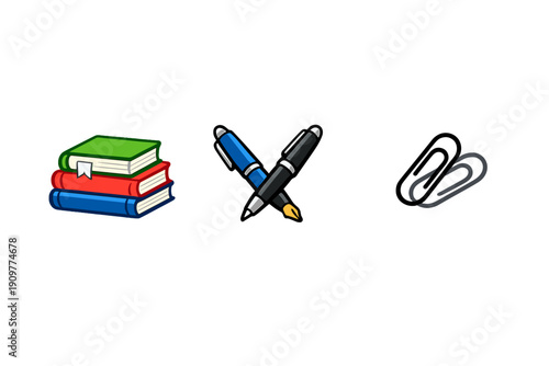 A collection of school and office supply icons featuring a stack of colorful books, two crossed pens, and a pair of black paperclips isolated on a solid black background.