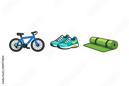 A blue bicycle, a pair of teal athletic running shoes, and a rolled-up green yoga mat are displayed as colorful illustrations against a solid black background.