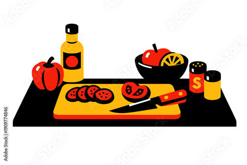 A minimalist flat illustration of a kitchen scene featuring a red bell pepper, a bottle, sliced tomatoes on a cutting board with a knife, an apple, lemon, and salt shakers on a black background.
