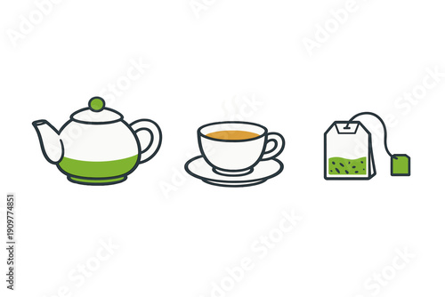 A minimalist illustration featuring a white and green teapot, a steaming cup of tea on a saucer, and a tea bag with green leaves, all set against a solid black background.