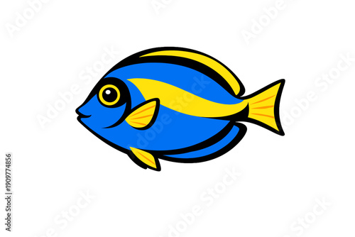 A stylized vector illustration of a blue tang fish with bright yellow fins and a yellow stripe on its side, set against a solid black background. The fish has a large, expressive eye.