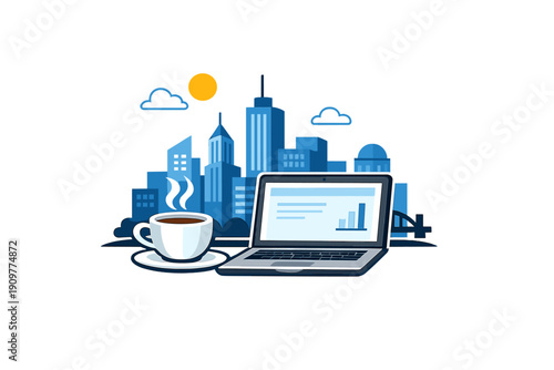 A flat vector illustration featuring a laptop with a bar chart on the screen and a steaming cup of coffee set against a blue city skyline under a bright yellow sun and clouds.
