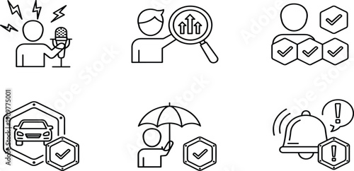 Set of Business and Insurance Line Icons Featuring Car Protection, Risk Assessment, Growth Analysis, Life Insurance, Notification Alert and Professional CommunicationSet of 