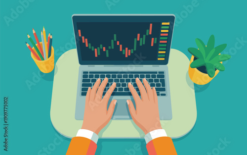 Hands operate a laptop displaying a financial stock market chart with candlestick data on a green desk