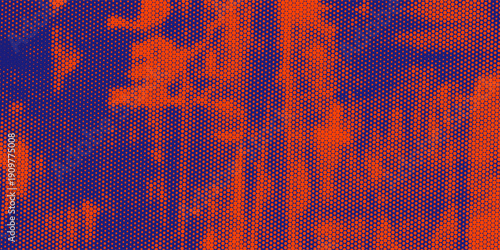 Abstract halftone pattern with red and blue graffiti splashes and drips on dark background, representing modern street art and pop art concept. Vector illustration