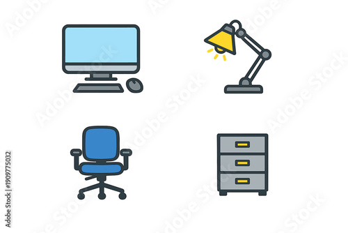 A set of four office icons featuring a computer monitor, a desk lamp, a blue swivel chair, and a grey filing cabinet, all shown in a flat illustration style against a solid black background.