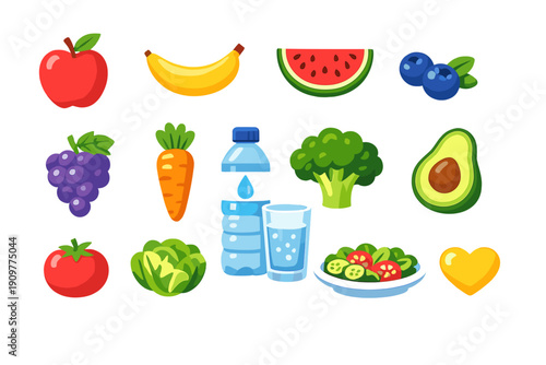 This set of vibrant vector icons displays healthy lifestyle elements including fresh fruits, vegetables, a water bottle, and a salad bowl arranged on a solid black background.