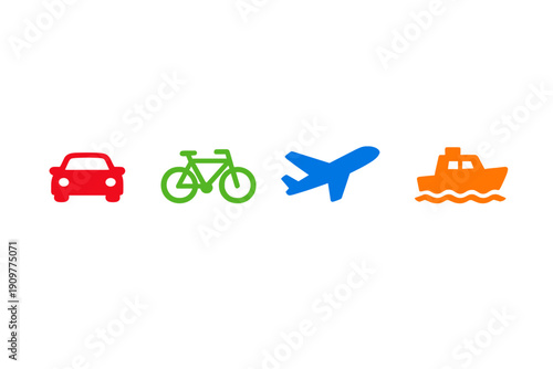 Four colorful icons representing different modes of transportation including a car, bicycle, airplane, and boat are arranged horizontally on a solid black background.