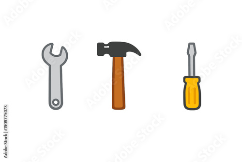 A flat illustration of three common hand tools including a silver wrench, a hammer with a wooden handle, and a yellow screwdriver, all arranged vertically on a solid black background.
