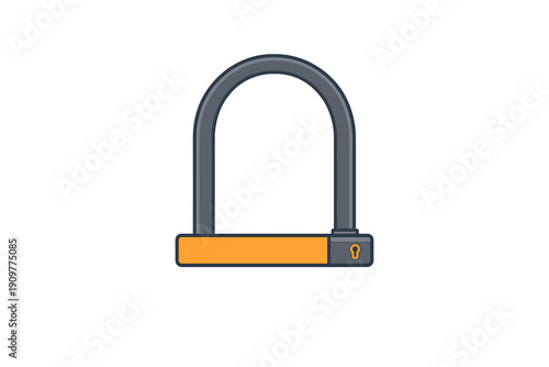 A flat vector illustration of a heavy-duty bicycle U-lock featuring a dark grey shackle and a bright orange crossbar with a keyhole, isolated on a dark background.