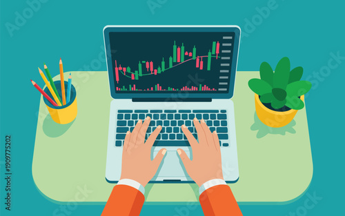 Hands are actively typing on a laptop screen displaying complex financial candlestick charts for market analysis