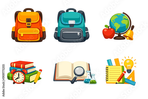 A collection of six colorful school-themed icons featuring backpacks, books, a globe, an apple, a bell, laboratory equipment, and stationery items on a black background.