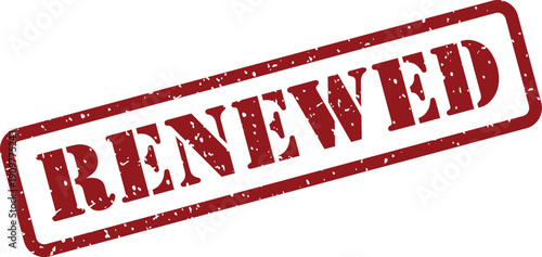 A vibrant red rubber stamp with a distinctive distressed texture displaying the word RENEWED clearly
