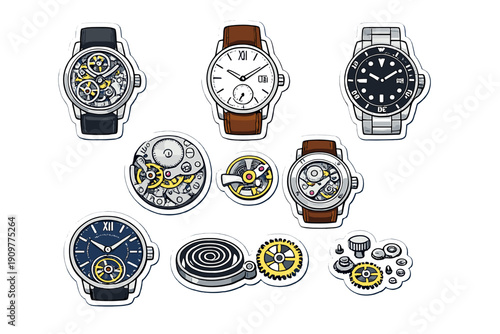 This set of stickers displays different wristwatch designs and internal mechanical parts including gears, cogs, and springs, all rendered in a detailed illustrative style.