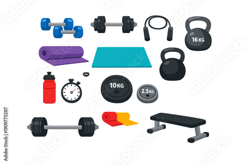 A collection of colorful gym equipment icons including dumbbells, barbells, kettlebells, yoga mats, a jump rope, weight plates, a water bottle, a stopwatch, and a weight bench.