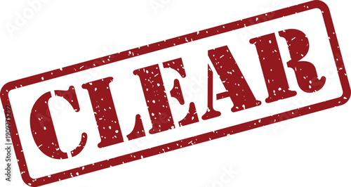 A vibrant red rubber stamp with distressed texture spells out the word CLEAR against a crisp white backdrop