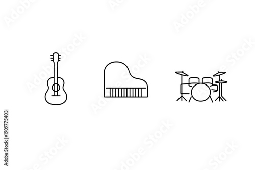 A minimalist line art illustration featuring three musical instruments: an acoustic guitar, a grand piano, and a drum kit, presented as white icons on a solid black background.