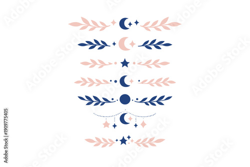 Seven elegant celestial dividers with crescent moons, stars, and botanical leaf branches in navy blue and soft pink tones, arranged vertically on a solid black background.