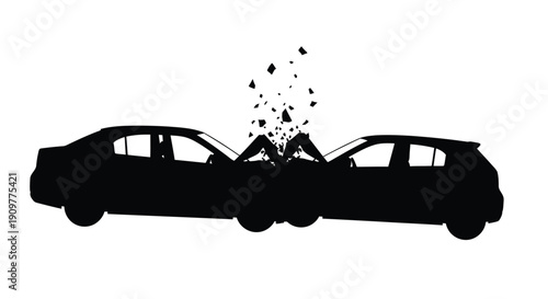 Silhouette of two cars colliding head on with debris scattering from the impact