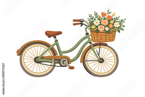 This illustration shows a classic green bicycle with a front wicker basket overflowing with vibrant spring flowers, including roses and daisies, on a plain black background.