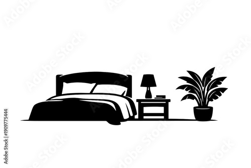 This high contrast black and white illustration depicts a simple bed silhouette with a draped sheet and a small decorative plant set against a solid black backdrop.
